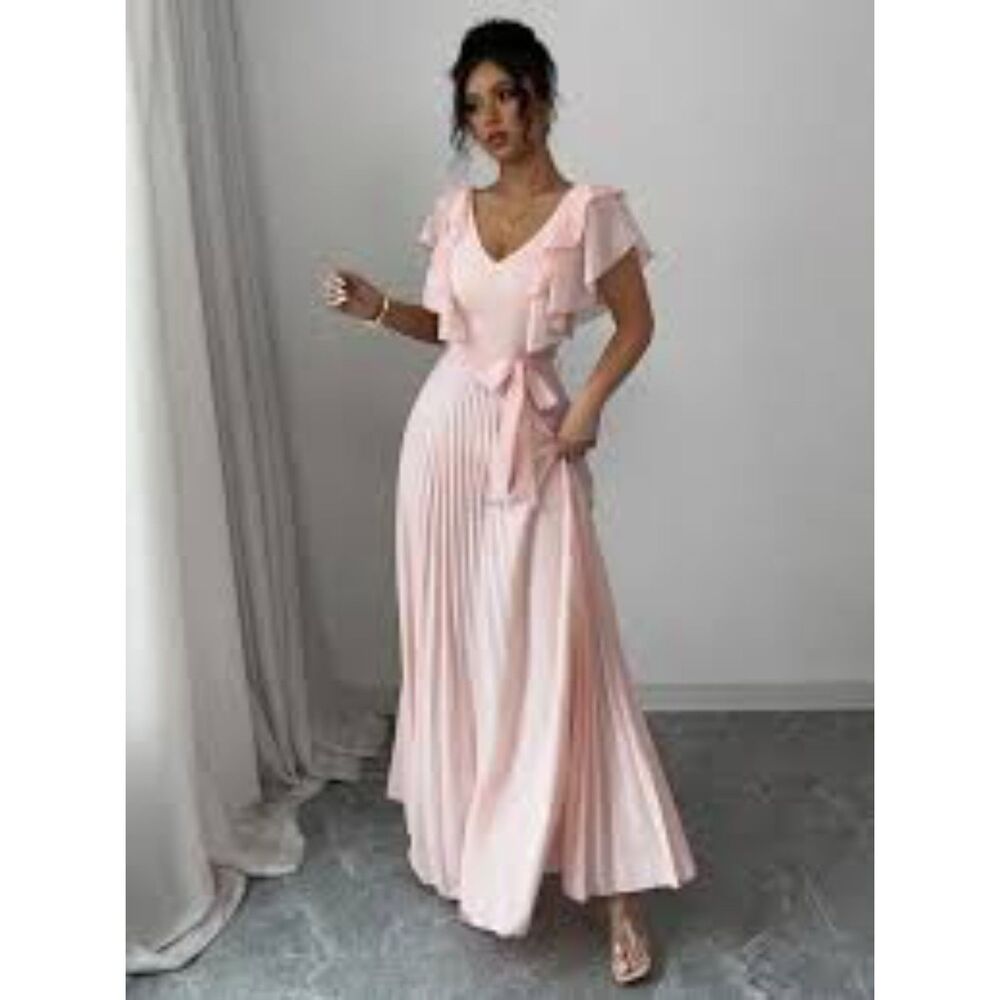 Unity Blush Pink Chiffon Ruffle Pleated Midi Dress Womens Size XL